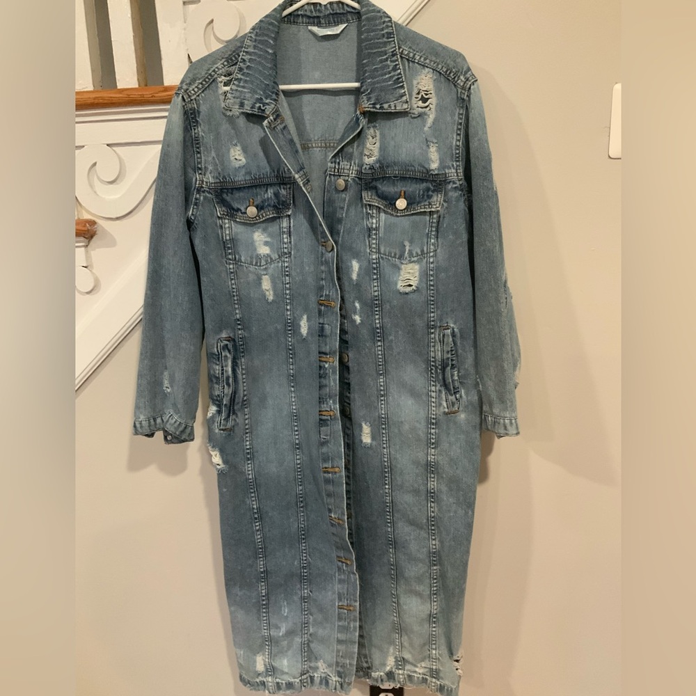 Distressed Denim Long Jacket